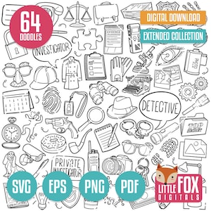 DETECTIVE SVG Doodle pictogram Vector. Privé-detective illustratie clipart. Misdaad Hand getrokken lijntekeningen. Spion ontwerp artwork schets knippen.