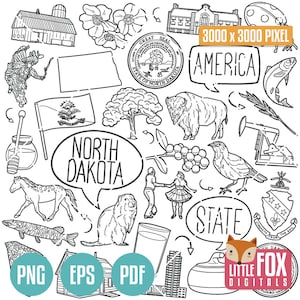 North Dakota State Symbols. American State Clipart. ND Traditional Icons Doodle. Scrapbook Set. USA Hand Drawn Line. Design Set Artwork.