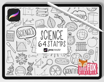 SCIENCE STAMPS, Procreate Brushes, Biology Icons, Bundle Chemistry Doodles. Stem Laboratory Digital Sticker Planner Scrapbooking Set.