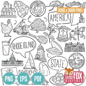 Symboles de l'État du Rhode Island. Clipart État américain. Doodle d'icônes traditionnelles RI. Ensemble de scrapbooking. Ligne dessinée à la main des États-Unis. Oeuvre d'art de l'ensemble de conception.