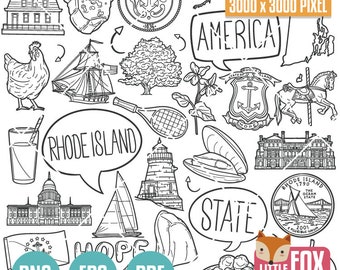 Rhode Island State Symbols. American State Clipart. RI Traditional Icons Doodle. Scrapbook Set. USA Hand Drawn Line. Design Set Artwork.