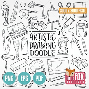 KÜNSTLERISCHE ZEICHNUNG, Gekritzelikonenvektor. Zeichnung Kunst Unterrichts Zeichnen Gekritzel Werkzeuge Ikonen Clipart. Set Handgezeichnete Skizze Line Art Handgezeichnetes Scribble.
