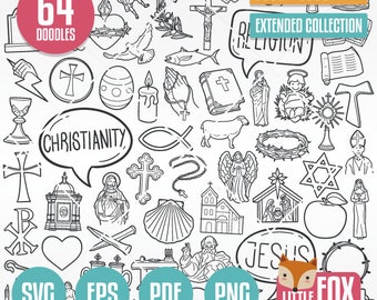CHRISTIAN RELIGION SVG, doodle vector icons. Christianity Cross Pray Clipart. Catholic Jesus Set Illustration Artwork Stamp Drawn Sketch.