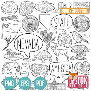 Symboles nationaux du NEVADA NV. Clipart État américain. Griffonnage d'icônes Henderson de Las Vegas. Album de coupures. Dessin au trait dessiné à la main. Oeuvre d'art de l'ensemble de conception.