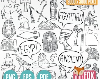 Storia dell'EGITTO, vettori di icone Doodle. Piramidi Egiziane Età Design Doodle Icone Clipart. Schizzo di arte di clip di disegno di arte di linea disegnata a mano del faraone.