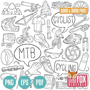 VTT, icônes vectorielles doodle. Ensemble d'icônes de Doodle à vélo dessinés à la main. Illustration de croquis de vélo de montagne à colorier.