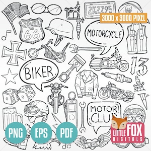 MOTOCICLISTA, icone vettoriali doodle. American Hard Bikers Motor Club Doodle Icons Set Clip Art disegnata a mano. Illustrazione schizzo da colorare.