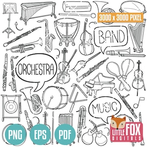 Op de afbeelding: Zwart-witte lijntekening van verschillende muziekinstrumenten, waaronder een viool, cello, trompet, saxofoon, piano, drums en een harp. De woorden "ORCHESTRA", "BAND" en "MUSIC" zijn in de afbeelding opgenomen. De afbeelding is 3000 x 3000 pixels.