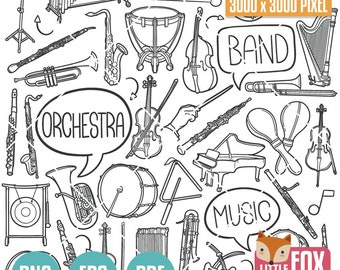 ORCHESTRA, doodle vector icons. Music Band Scrapbook. Music Instruments Set Hand Drawn. Symphony Philharmonic Sketch Illustration Coloring.