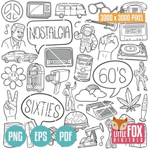 60er, Jahre Icons Doodle Set. Sechziger Jahre Icons Clipart Scrapbook. Retro Musik und Objekte Hand gezeichnet. Kultur Doodle Clip Art Malvorlage.