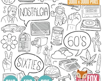60's, Years Icons Doodle Set. Sixties Icons Clipart Scrapbook. Retro Music and Objects Hand Drawn. Culture Doodle Clip Art Coloring Sketch.