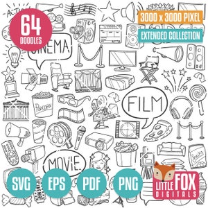 CINEMA SVG, doodle vector icons. Movie Night Doodle Icons Clipart. Home Cine Film Set Hand Drawn Line Design Clip Coloring Sketch.