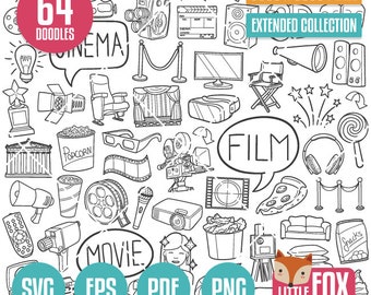 Cinema Doodle Vector Icons, Movie Night Clipart (svg, eps, pdf, png)