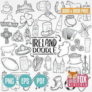 Icone di doodle vettoriale IRLANDA. Album di clipart di viaggi irlandesi in Europa. Irlanda linea disegnata a mano Art Design. Colorazione di clipart di opere d'arte Irlanda.