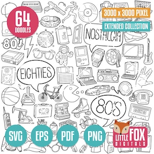 Jaren '80 SVG doodle pictogram vector. Nostalgie 80's Doodle Clipart. Bestand knippen Jaren tachtig Geschiedenis Retro Technologie 80 Handschets Lijntekeningen Handgetekend.