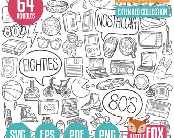 Vecteur d'icône de doodle SVG des années 80. Nostalgie des années 80 Doodle Clipart. Fichier coupé Histoire des années 80 Technologie rétro 80 Croquis à la main Dessin au trait dessiné à la main.