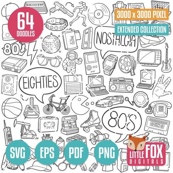 80s SVG doodle icon vector. Nostalgia 80's Doodle Clipart. Cut File Eighties History Retro Technology 80 Hand Sketch Line Art Hand Drawn.