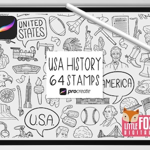 Könnte beinhalten: Ein Set mit 64 handgezeichneten Stempeln in Schwarzweiß, die historische und kulturelle Symbole der Vereinigten Staaten zeigen. Die Stempel enthalten Bilder der Freiheitsstatue, der Liberty Bell, der amerikanischen Flagge und vieles mehr. Der Text "USA HISTORY 64 STAMPS" ist in fetter Schrift oben im Bild geschrieben. Der Text "procreate" ist in kleinerer Schrift unter dem Haupttext geschrieben. Der Text "LITTLE FOX DIGITALS" ist in kleinerer Schrift unten im Bild geschrieben.