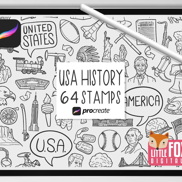 US HISTORY STAMPS, Procreate Brushes, American History Icons, Bundle Doodles. Clipart Digital Sticker United States Scrapbook Set Coloring.