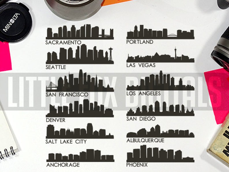 USA Skyline vol. 2 City West Coast Silhouette Clipart Set Digital Illustration Scrapbook PNG ZIP Transparent Design. image 1