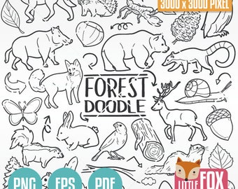 Forest Animals Doodle Clipart: Hand-Drawn Sketch Icons (PNG, EPS, PDF)