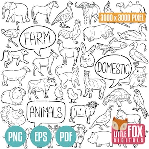 DOMESTIC ANIMALS DOODLE, AnimalFarm Doodle Icons, Clipart Scrapbook Set. Perro Gato LLama Alpaca Hecho Mano Paquete Sublimación Png.