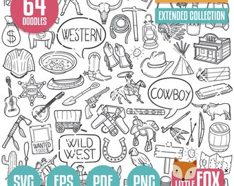 WILD WEST SVG, Doodle Icons. Farwest Clipart, Western America. Doodle Icons Clipart Scrapbook Set Coloring Line Design Collection Bundle.