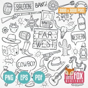 WILD WEST, Doodle Icons. Cowboy Farwest Western Adventure. Doodle Icons Clipart Scrapbook Set Coloring Line Art Design Collection Costume.