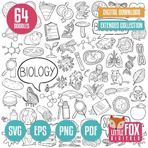 BIOLOGIE SVG doodle icônes vectorielles. Sciences de la vie, scientifique, griffonnage, icônes Clipart. Jeu de laboratoire ligne dessinée à la main Clip de conception de croquis à colorier.