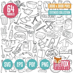 CHORES, SVG Doodle Vector Icons. Homeworks Day Doodle Symbols Clip art. Set Cleaning Labors Illustration Hand Drawing Line Scribble Design.