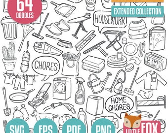 clipart do my homework CHORES, SVG Doodle Vector Icons. Homeworks Day Doodle Symbols Clip art. Set Cleaning Labors Illustration Hand Drawing Line Scribble Design.