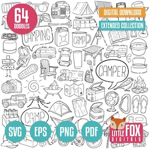 VIDA DE CAMPAMENTO SVG, iconos vectoriales de garabatos. Accesorios de viaje para vehículos, furgonetas, autocaravanas, herramientas, iconos de garabatos, imágenes prediseñadas. Conjunto de ilustraciones para colorear y dibujar.