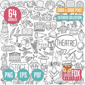 TEATRO SVG, iconos vectoriales de garabato. Imágenes Prediseñadas de ilustración dramática, conjunto de colección de ópera, arte lineal dibujado a mano, boceto para colorear de imágenes prediseñadas de diseño.