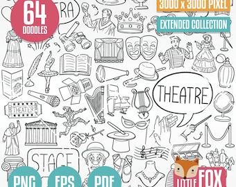 THEATER SVG, doodle vector icons. Drama Illustration Clipart, Opera Collection Set Hand Drawn Line Art, Design Clip Art Coloring Sketch.