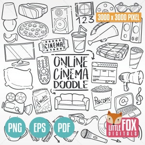 Online-Kino Doodle-Icons. Home Cine Film TV-Serie Doodle Icons Clipart Scrapbook Set Handgezeichnet Linie Kunst Design Clip Art Färbung Skizze.