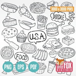 May include: Black and white doodle illustration of American food items, including hot dogs, hamburgers, fries, pizza, cupcakes, and a turkey. The text "U.S.A." and "DOODLE" are also included in the image.