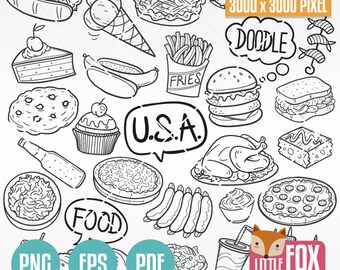 USA Fast Food and Traditional Dishes. America US Restaurant Menu US Doodle Icons Clipart Scrapbook Set Sketch Icon Scribble Collection.