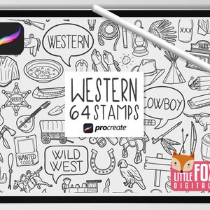 WESTERN STAMPS, Procreate Brushes, Cowboy Icons, Bundle Doodles. Clipart Digital Sticker Wild Old West America Scrapbook Set Coloring.