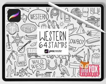 WESTERN STAMPS, Procreate Brushes, Cowboy Icons, Bundle Doodles. Clipart Digital Sticker Wild Old West America Scrapbook Set Coloring.