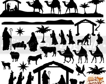 NATIVITY SCENE Baby Christ Clipart Christmas Nativity Scene Krippe Set Digital Illustration Scrapbook Printable Transparent PNG.