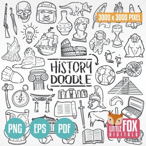 HISTORY, Doodle icon vectors. Subject School Historical Design Doodle Icons Clipart. Hand Drawn Line Art Design Clip Art Coloring Sketch.