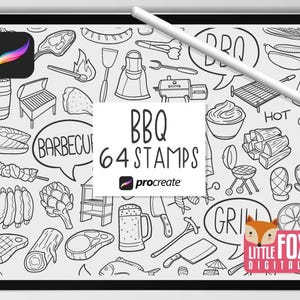 Op de afbeelding: Zwart-witte digitale illustratie van 64 BBQ-stempels voor Procreate. De stempels bevatten afbeeldingen van grillgereedschap, eten en andere BBQ-gerelateerde items. De tekst "BBQ 64 STAMPS" staat in het midden van de afbeelding.