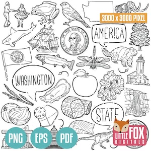 WASHINGTON State Symbols. American State Clipart. WA Seattle Olympia Icons Doodle. Scrapbook. Hand Drawn Line Art. Design Set Artwork.