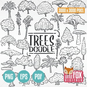 ARBRES Clip art, nature bois Doodle icônes Clipart scrapbooking ensemble. Conception d'art de ligne dessinée à la main de forêt de flore. Illustrations Clip Art à colorier.