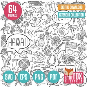 May include: A black and white digital illustration set of 64 Hawaiian themed doodles. The doodles include images of pineapples, flowers, surfboards, palm trees, and more. The text "64 DOODLES" and "HAWAII" are included in the image.