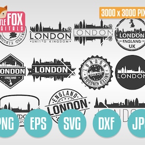 SVG LONDON ENGLAND Briefmarken Bundle. SVG Schnittdatei Skyline London City Uk. Silhouette svg Clip art England. Britische Vektor-Icon-Design Post.