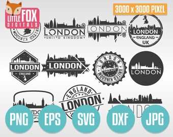 Paquete de sellos SVG de Londres, Inglaterra. Archivo de corte SVG del horizonte de Londres, Reino Unido. Silueta SVG de Inglaterra. Diseño de icono vectorial británico.