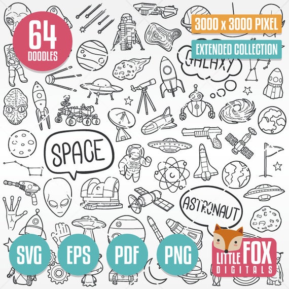 SPACE, SVG doodle icons. Astronaut Technology Cosmos Galaxy Clipart Scrapbook Hand Drawn Line Alien Design Set Artwork.