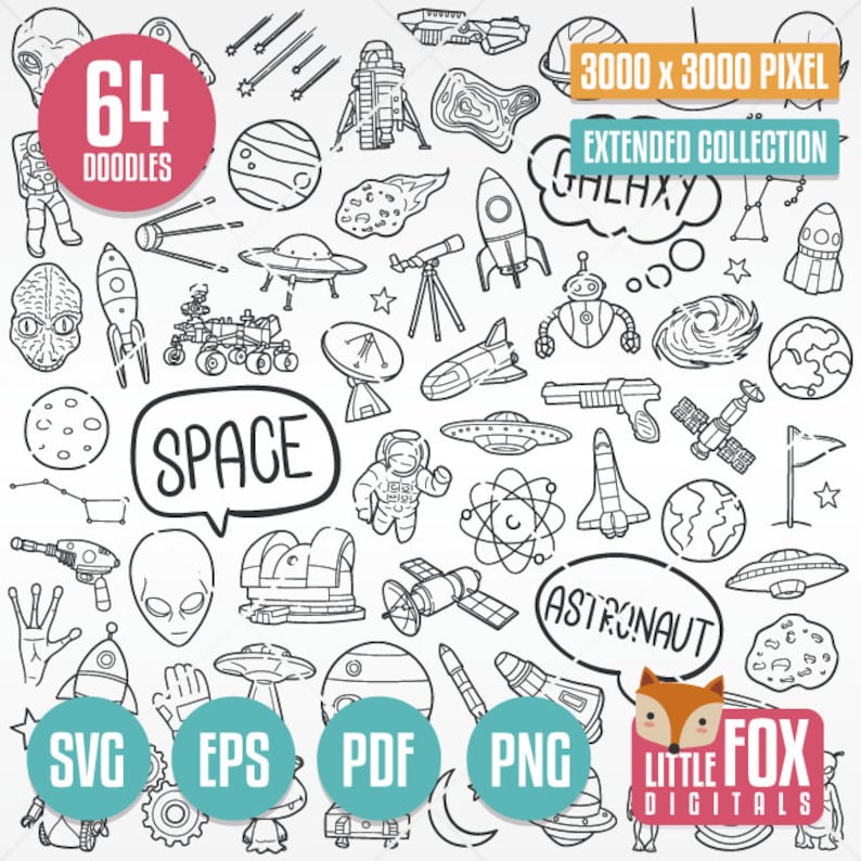 May include: A black and white doodle set of 64 space-themed illustrations. The doodles include planets, stars, rockets, astronauts, aliens, and more. The set is perfect for adding a fun and whimsical touch to any project.