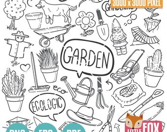 May include: Black and white line art illustration of gardening tools, plants, and other garden-related items. The illustration includes a watering can, a wheelbarrow, a rake, a shovel, a gnome, a scarecrow, a fox, a carrot, a sunflower, a cactus, a lawnmower, a pair of sunglasses, a hat, and a potted plant. The text "GARDEN" is written in a speech bubble. The text "3000 x 3000 PIXEL" is written in a rectangle. The text "PNG EPS PDF" is written in three circles. The text "LITTLE FOX DIGITALS" is written in a rectangle.